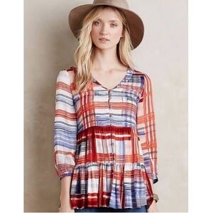 Anthropologie Maeve Women’s Lila Tiered Tunic Red White Blue Plaid Size Large